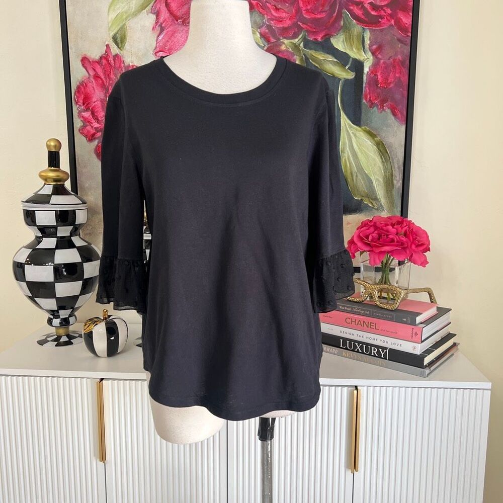 See By Chloe Women's 3/4 Bell Sleeve Ruffle Cuffs Crew Neck Top Black Size XL